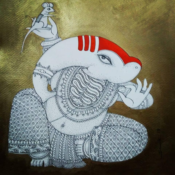 Religious acrylic ink painting titled 'Ganesh 2', 12x12 inches, by artist Samik De on Paper