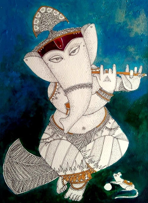 Religious acrylic ink painting titled 'Ganesh 3', 14x10 inches, by artist Samik De on Paper