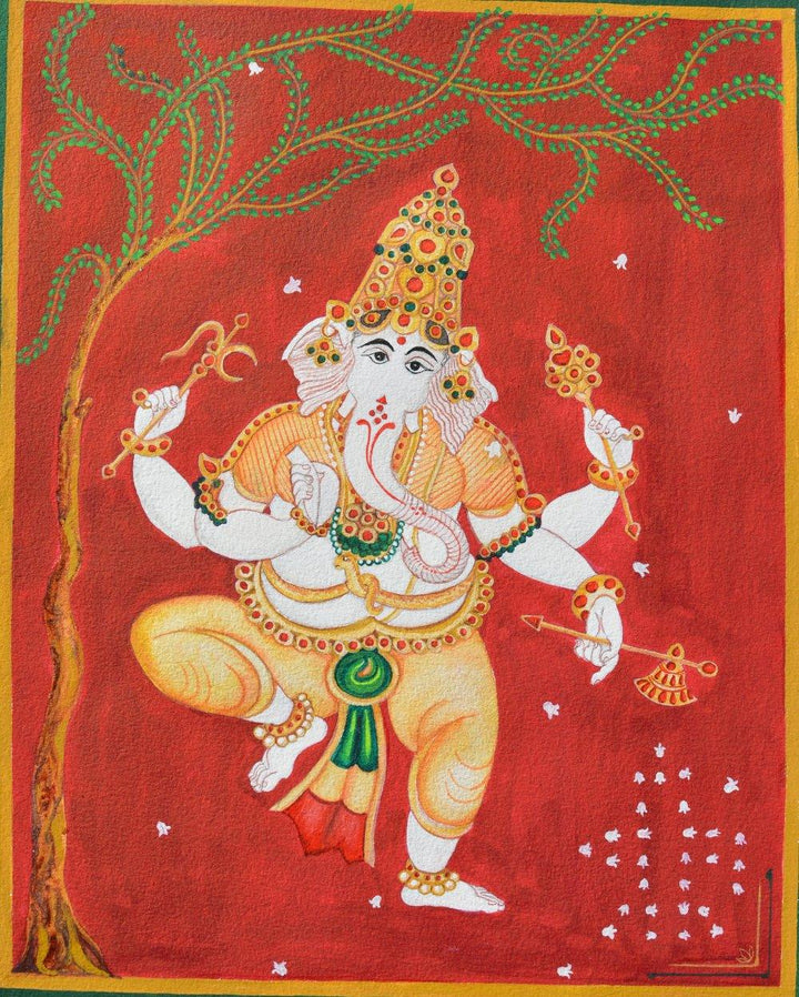 Religious watercolor painting titled 'Ganesh dancing infront of sivalinga', 12x10 inches, by artist Radhika Ulluru on Paper