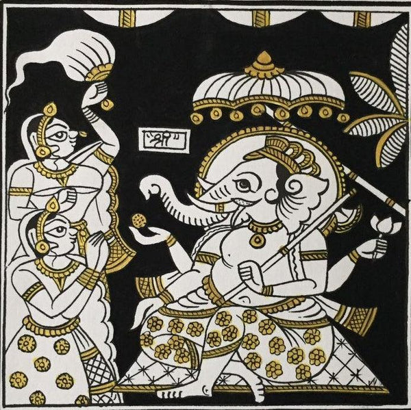 Religious phad traditional art titled 'Ganesh Darbar In Black And Gold', 11x11 inches, by artist Unknown on Cloth