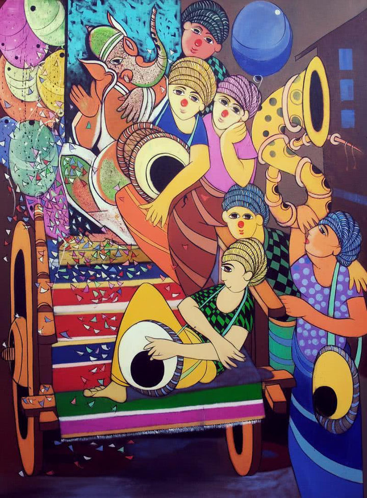 Anime acrylic painting titled 'Ganesh Festival', 48x36 inches, by artist Dnyaneshwar Bembade on Canvas