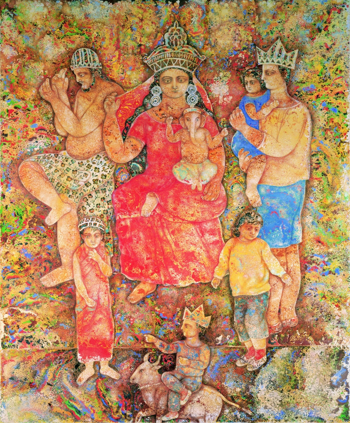 Religious serigraphs painting titled 'Ganesh Janani', 30x22 inch, by artist Sakti Burman on Paper