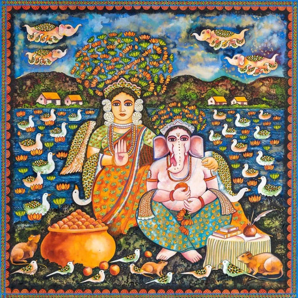 Religious mixed-media painting titled 'Ganesh Janani', 36x36 inch, by artist Jayasri Burman on Lucoboand Board