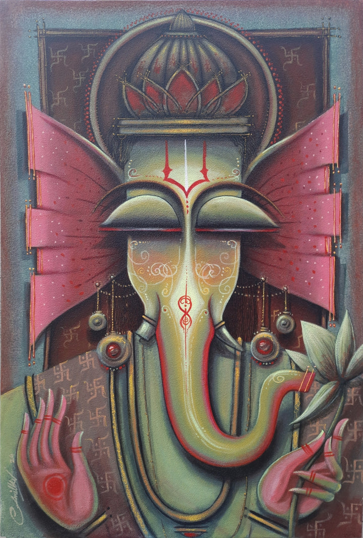 Religious mixed-media painting titled 'Ganesh Ji', 36x24 inch, by artist Anil Kumar Vishwakarma on Canvas