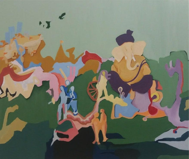 Figurative acrylic painting titled 'Ganesh ji', 36x30 inches, by artist Kamlesh Patidar on Canvas