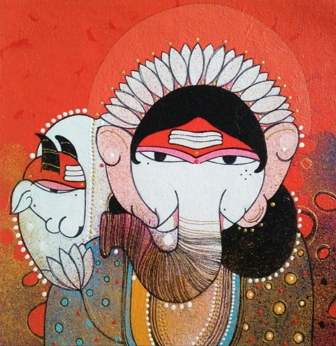 Religious acrylic painting titled 'Ganesha 1', 12x12 inch, by artist Pritam Chivate on Canvas