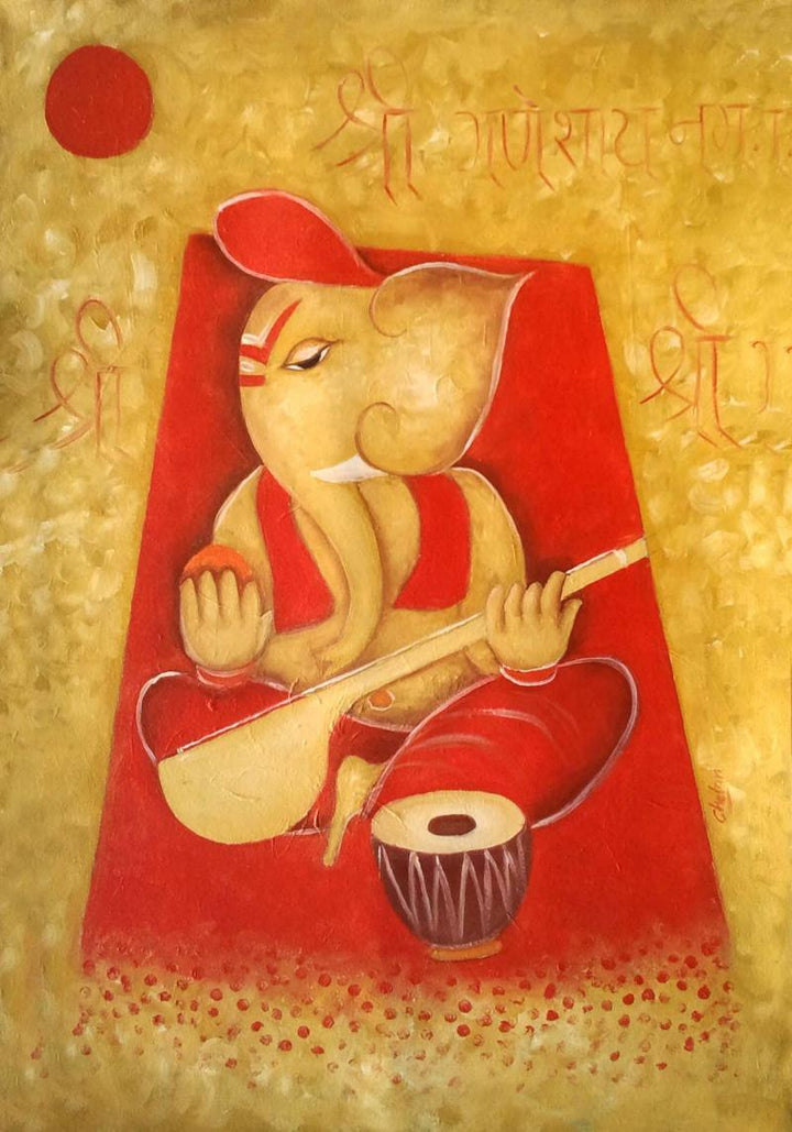 Religious oil painting titled 'Ganesha 1', 25x18 inches, by artist Chetan Katigar on Canvas