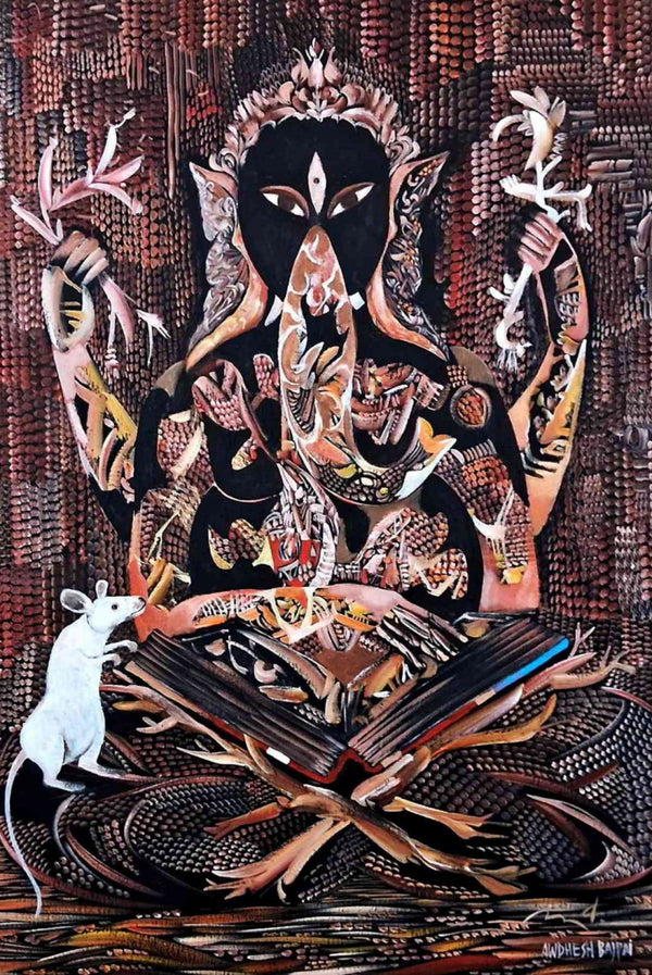 Religious acrylic painting titled 'Ganesha', 36x24 inch, by artist Awdhesh Bajpai on Canvas