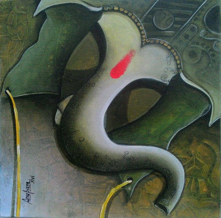 Religious acrylic painting titled 'Ganesha 2', 12x12 inches, by artist Anupam Pal on Canvas