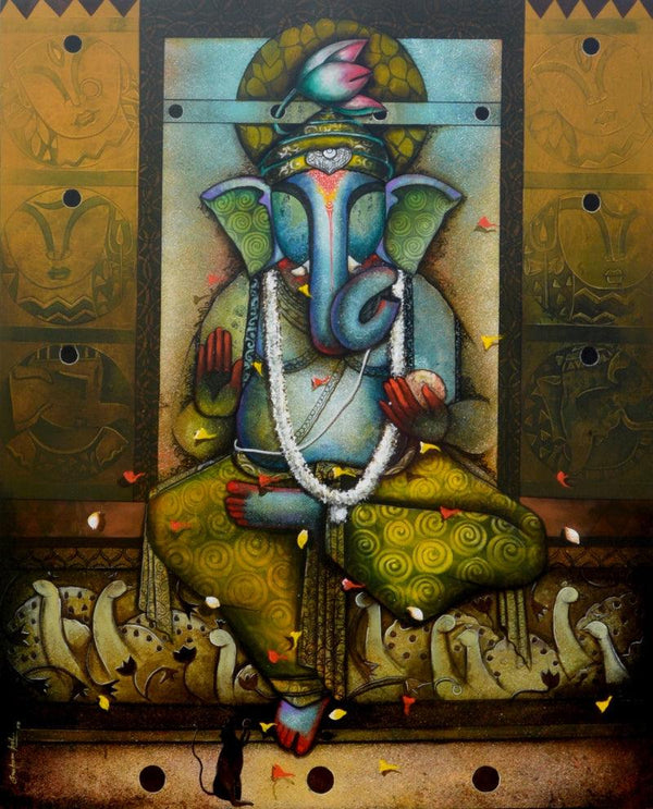 contemporary acrylic painting titled 'Ganesha 20', 60x48 inches, by artist Anupam Pal on canvas