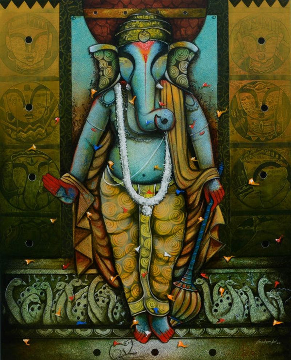 contemporary acrylic painting titled 'Ganesha 21', 60x48 inches, by artist Anupam Pal on canvas