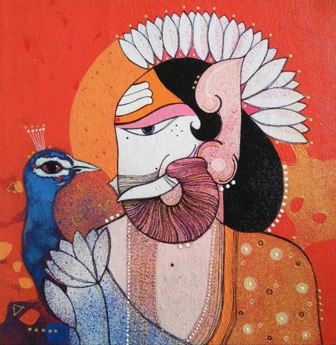 Religious acrylic painting titled 'Ganesha 3', 12x12 inch, by artist Pritam Chivate on Canvas