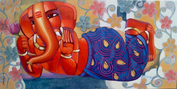 Figurative acrylic painting titled 'Ganesha 4', 36x72 inches, by artist Sekhar Roy on canvas