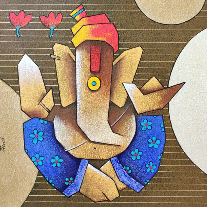 Religious acrylic painting titled 'Ganesha 8', 18x18 inches, by artist Paras Parmar on Canvas