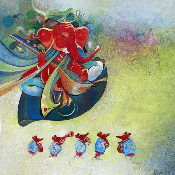 Religious acrylic painting titled 'Ganesha and Its Musical Team', 24x24 inches, by artist M Singh on Canvas