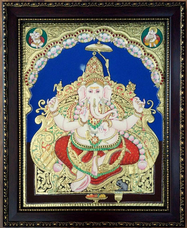 Religious tribal painting titled 'Ganesha Antique Style Tanjore Painting', 22x18 inches, by artist VANI VIJAY on Wood