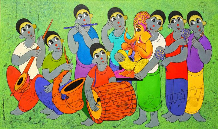 Religious acrylic painting titled 'Ganesha Arrivel', 36x60 inches, by artist Dnyaneshwar Bembade on Canvas