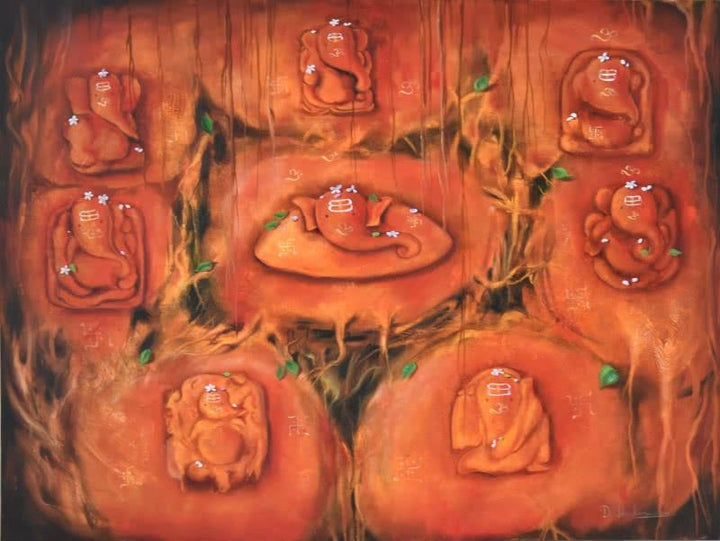 Religious oil painting titled 'Ganesha Ashtavinayak', 36x48 inches, by artist Durshit Bhaskar on Canvas