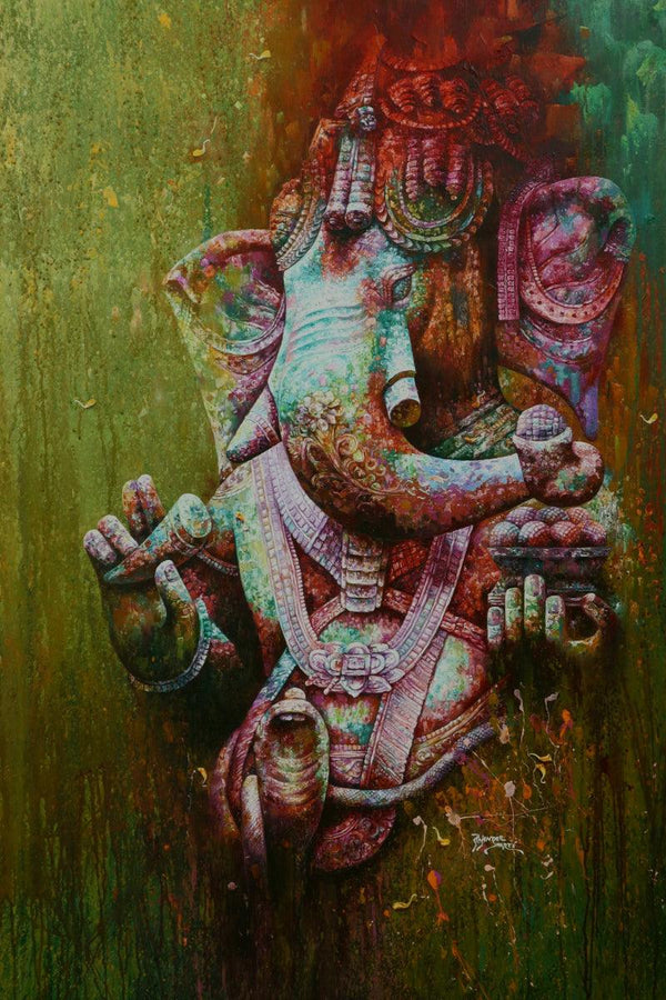 Religious acrylic oil painting titled 'Ganesha Blessing', 54x36 inches, by artist Rajender Bharti on Canvas