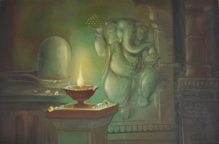 Religious oil painting titled 'Ganesha Budhipriya', 36x24 inches, by artist Durshit Bhaskar on Canvas