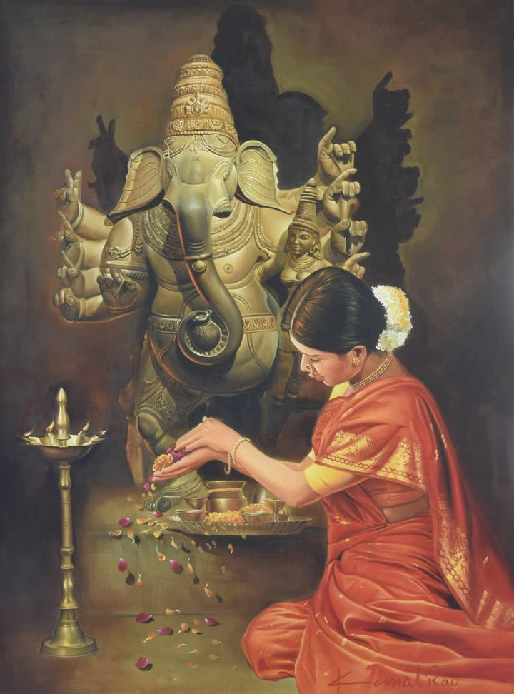 Minimalist oil painting titled 'Ganesha Devotion', 48x36 inches, by artist Kamal Rao on Canvas