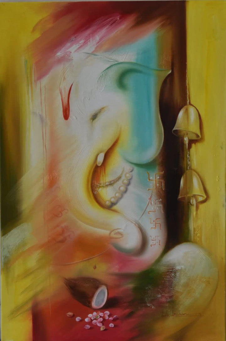 Religious oil painting titled 'Ganesha Ganadhyakshina', 24x36 inches, by artist Durshit Bhaskar on Canvas