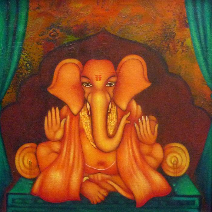 Religious acrylic painting titled 'Ganesha Giving Blessing', 18x18 inches, by artist Manoj Aher on Canvas