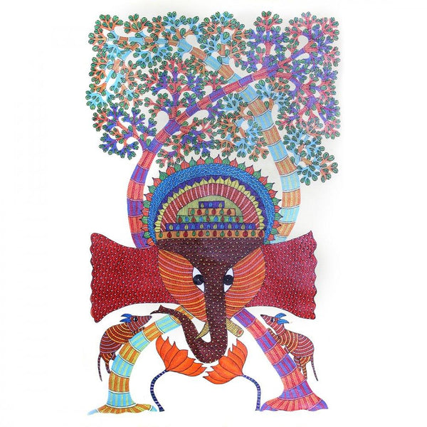 Folk Art gond traditional art titled 'Ganesha Gond Art', 35x24 inches, by artist Chitrakant Shyam on Paper