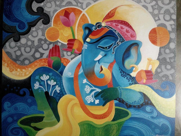 Religious acrylic painting titled 'Ganesha II', 30x36 inches, by artist Pradip Goswami on Canvas