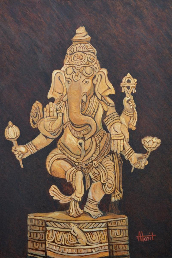 Figurative oil painting titled 'Ganesha In Blessing Mood', 36x24 inches, by artist Ajay Harit on Canvas