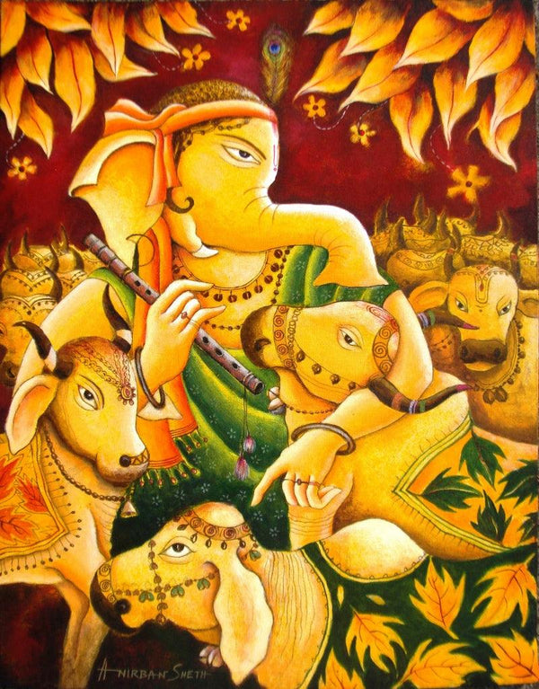 Religious acrylic painting titled 'Ganesha In Krishna Mood', 25x32 inches, by artist Anirban Seth on Canvas