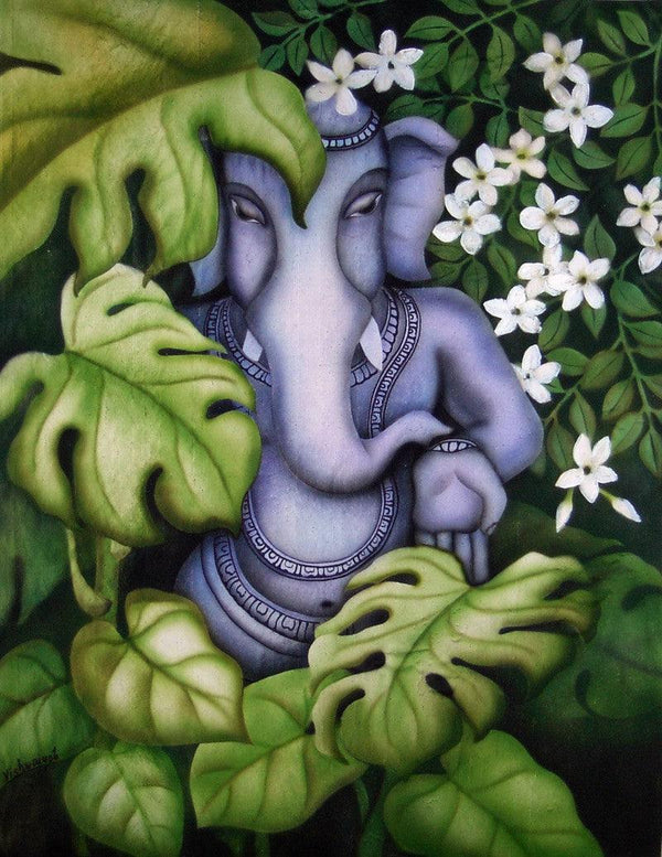 Religious airbrush painting titled 'Ganesha in Nature I', 30x25 inches, by artist Vishwajyoti Mohrhoff on Canvas