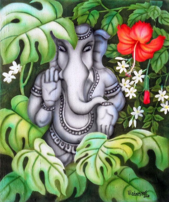 Religious airbrush painting titled 'Ganesha in Nature II', 30x25 inches, by artist Vishwajyoti Mohrhoff on Canvas