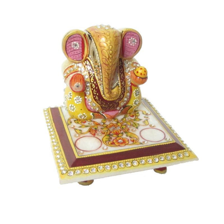 Religious craft titled 'Ganesha On Chowki 1', 5x5x6 inches, by artist Ecraft India on Marble