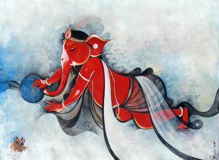 Religious acrylic painting titled 'Ganesha on Cloud', 24x29 inches, by artist M Singh on Canvas