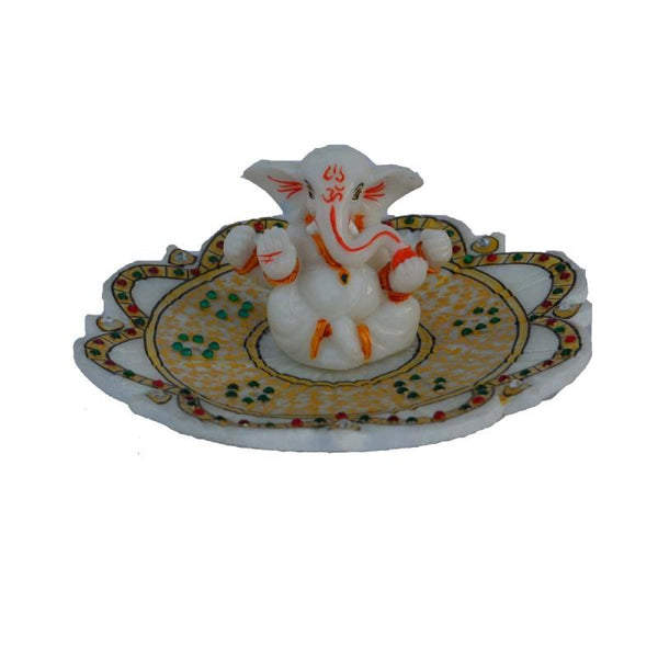 Religious craft titled 'Ganesha on Marble Stone Studded Plate', 6x6x3 inches, by artist E Craft on Marble