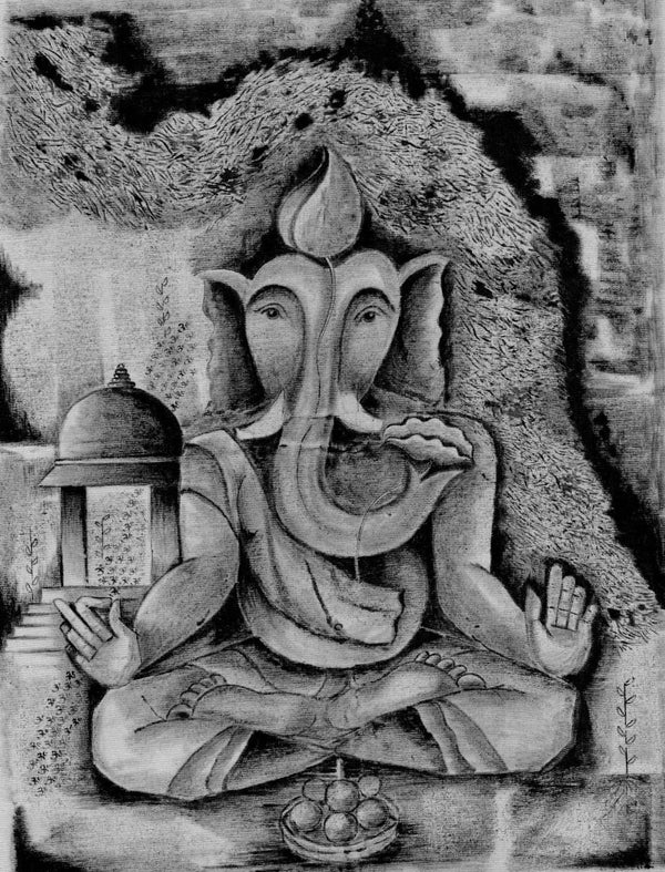 Religious acrylic-charcoal painting titled 'Ganesha In Padmasana', 32x26 inch, by artist Alpa Palkhiwala on Canvas