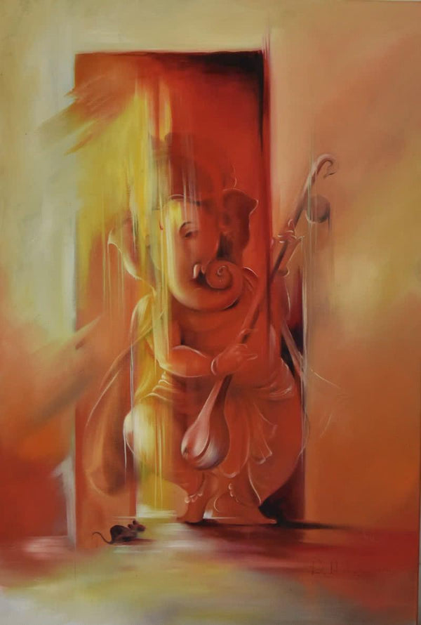 Religious oil painting titled 'Ganesha Pitambara', 24x36 inches, by artist Durshit Bhaskar on Canvas