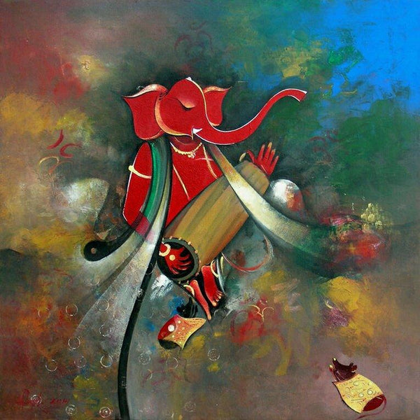 Religious acrylic painting titled 'Ganesha playing dholak', 24x24 inches, by artist M Singh on Canvas