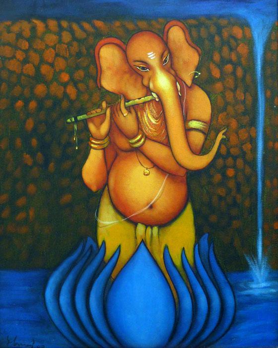 Figurative acrylic painting titled 'Ganesha Playing Flute', 24x19 inches, by artist Manoj Aher on Canvas