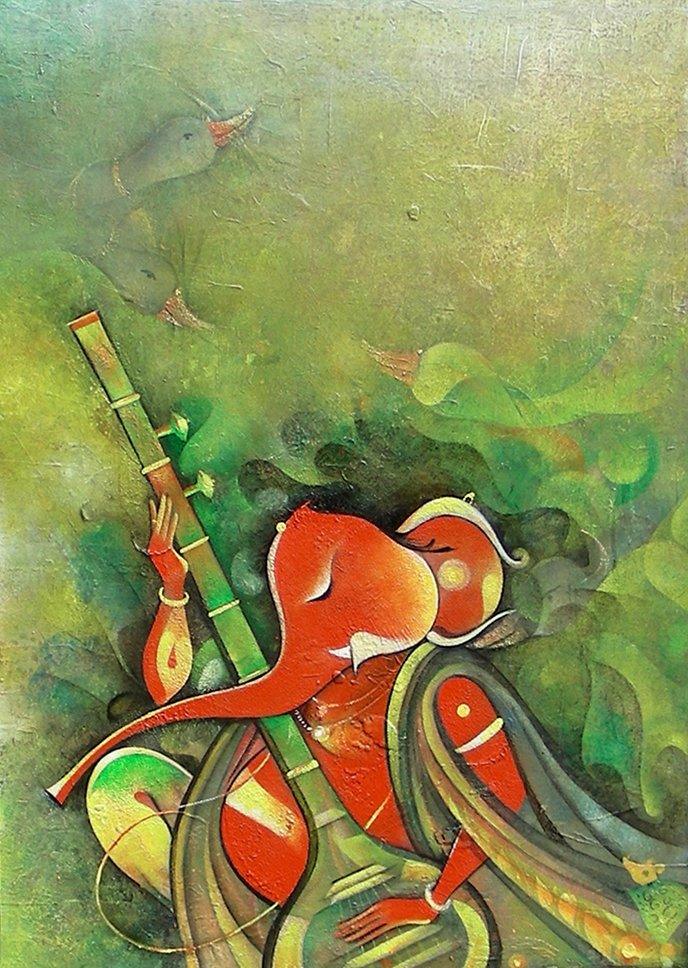 Religious acrylic painting titled 'Ganesha Playing Instrument I', 24x18 inches, by artist M Singh on Canvas