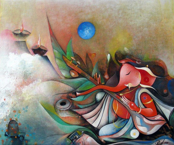 Religious acrylic painting titled 'Ganesha Playing Instrument II', 30x24 inches, by artist M Singh on Canvas