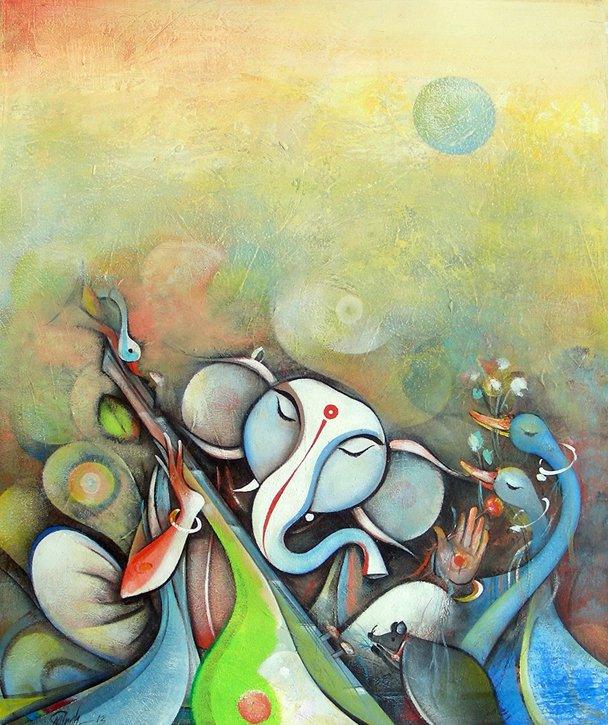 Religious acrylic painting titled 'Ganesha Playing Instrument III', 24x20 inches, by artist M Singh on Canvas