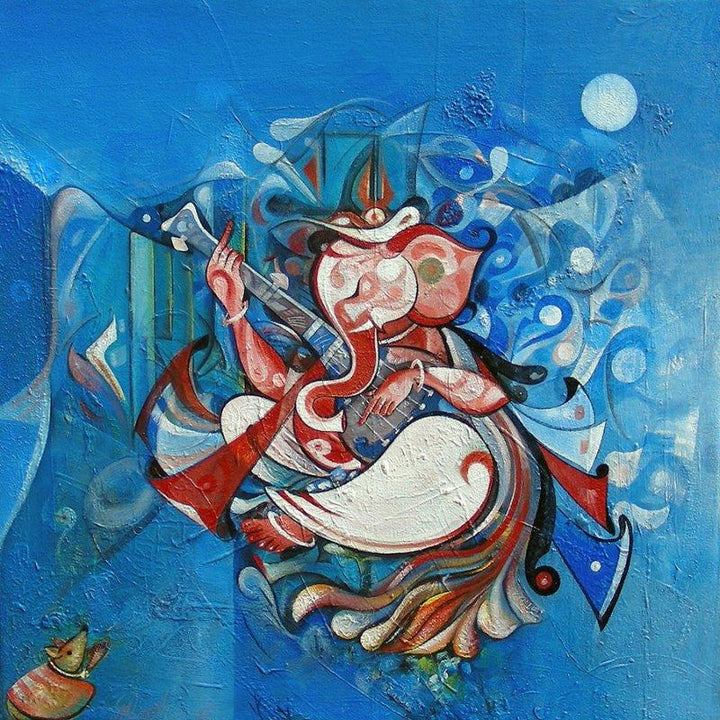 Religious acrylic painting titled 'Ganesha Playing Instrument IV', 23x23 inches, by artist M Singh on Canvas