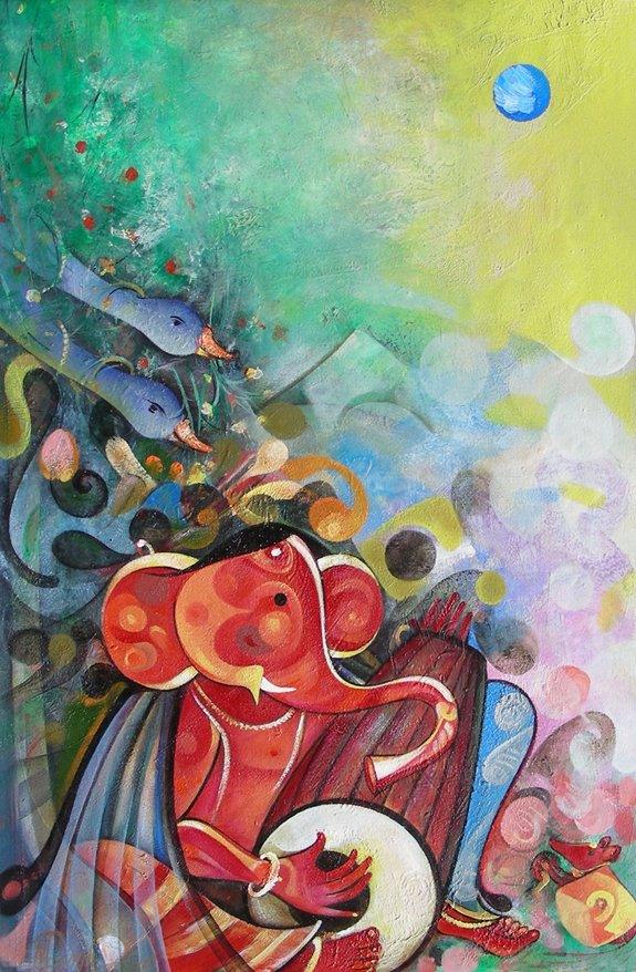 Religious acrylic painting titled 'Ganesha Playing Instrument V', 32x20 inches, by artist M Singh on Canvas