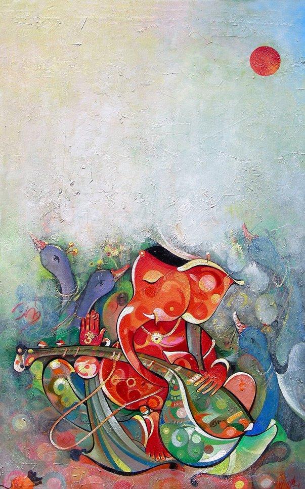 Religious acrylic painting titled 'Ganesha Playing Instrument VI', 32x20 inches, by artist M Singh on Canvas