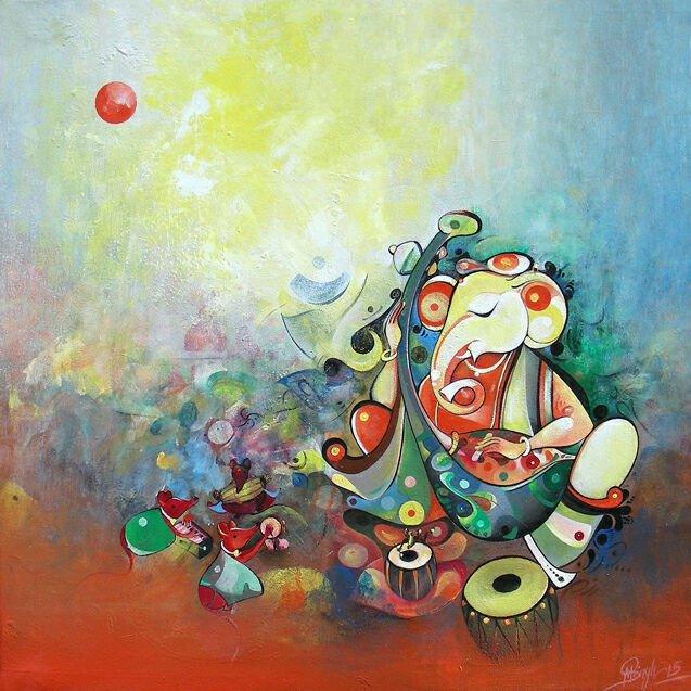 Religious acrylic painting titled 'Ganesha playing Music', 30x30 inches, by artist M Singh on Canvas