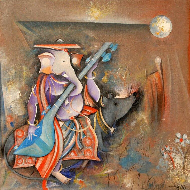 Religious acrylic painting titled 'Ganesha Playing Sitar', 24x24 inches, by artist M Singh on Canvas