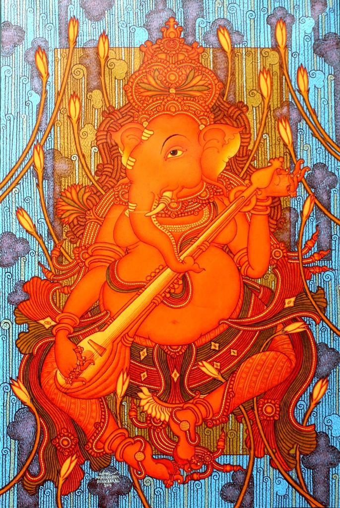 Figurative acrylic painting titled 'Ganesha Playing Veena', 32x48 inches, by artist Manikandan Punnakkal on Canvas