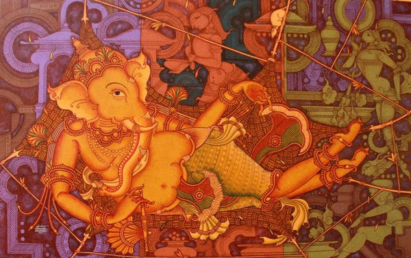 Figurative acrylic painting titled 'Ganesha Resting Mode', 42x66 inches, by artist Manikandan Punnakkal on Canvas